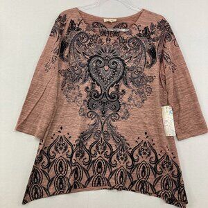 New‎ Rue Juju size Large Abstract Boho Embellished 3/4 Sleeve Stretch Top